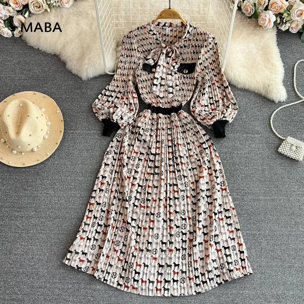 

Элегантное Плиссированное длинное платье с принтом, новое весеннее женское облегающее офисное платье-трапеция в стиле ретро с бантом на шее и рукавами-фонариками для женщин