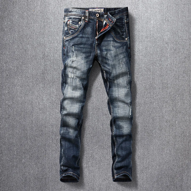 

Italian Style Fashion Men Jeans High Quality Retro Black Blue Elastic Slim Fit Ripped Jeans Men Vintage Designer Denim Pants