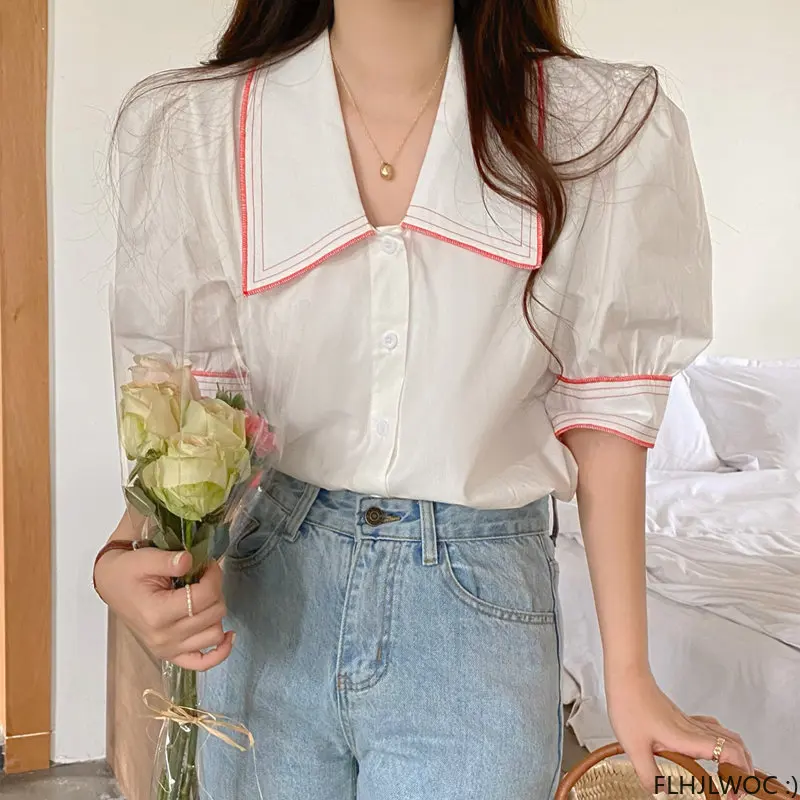 

Cotton Tops Blusas 2023 Woman Summer Cute Sweet Japan Style Girls Retro Vintage Casual Single-Breasted Button White Shirts