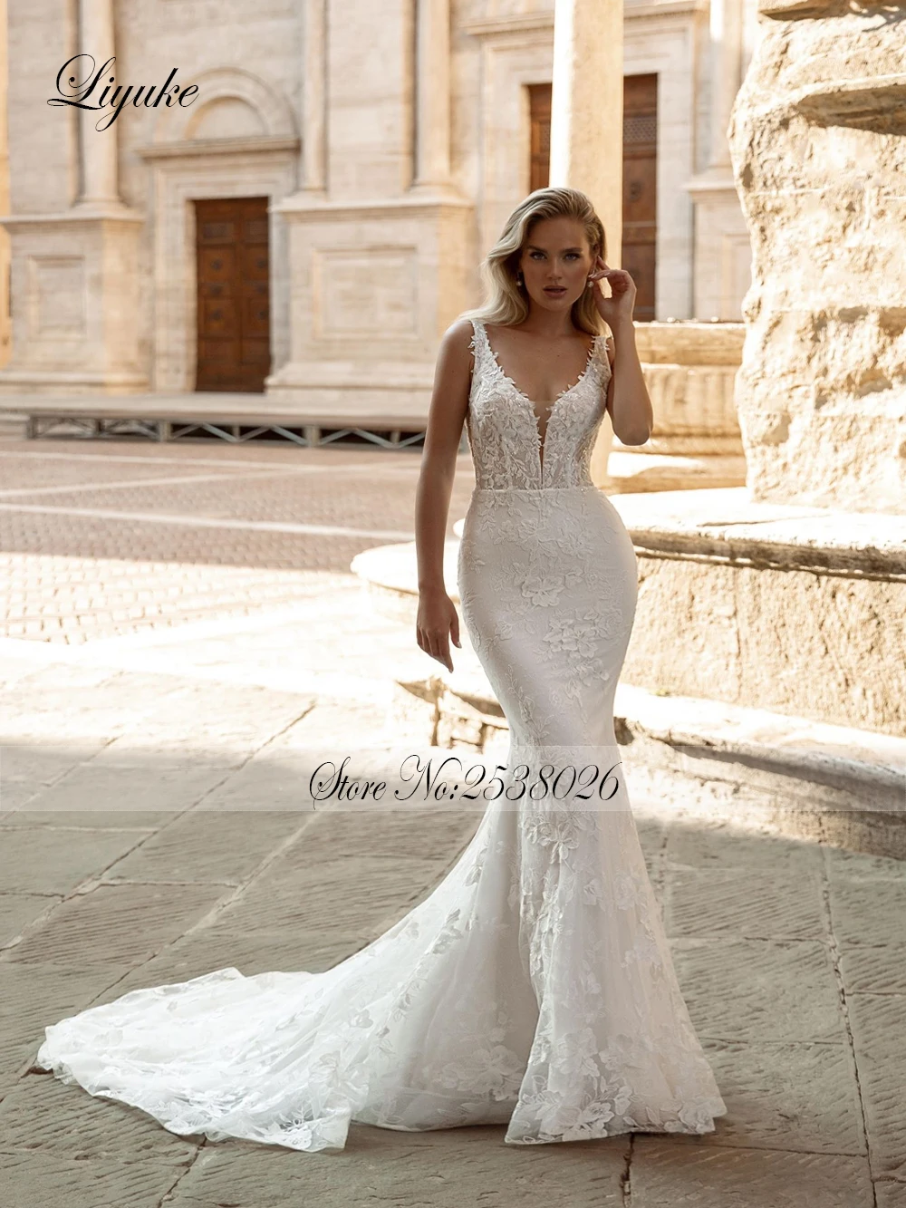 Liyuke Элегантное свадебное платье русалки с v-образным вырезом и вышивкой в стиле