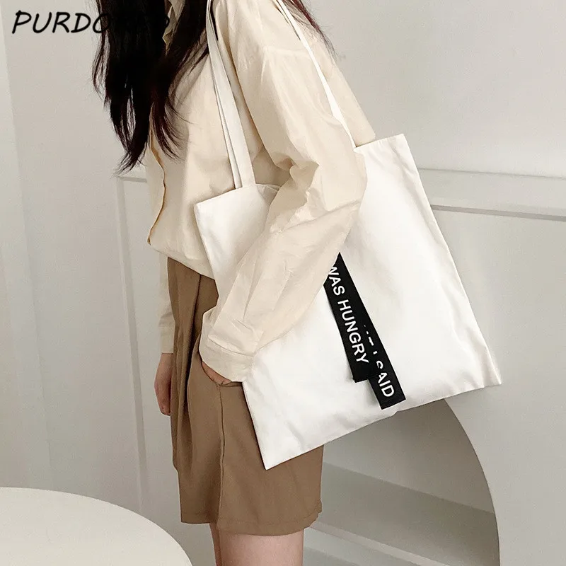 

PURDORED 1 Pc White Women Shoulder Bag Large Capacity Canvas Tote Bags Shopper Letter Webbing Print Shopping Bag