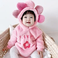 ins 2022 baby girls winter clothes newborn jumpsuit baby girl flower embroidered plush ball long sleeve climbing clothes
