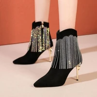 light luxury tassel rhinestone short boots womens stiletto heel 2022 high heels womens genuine leather pointed dinner boots