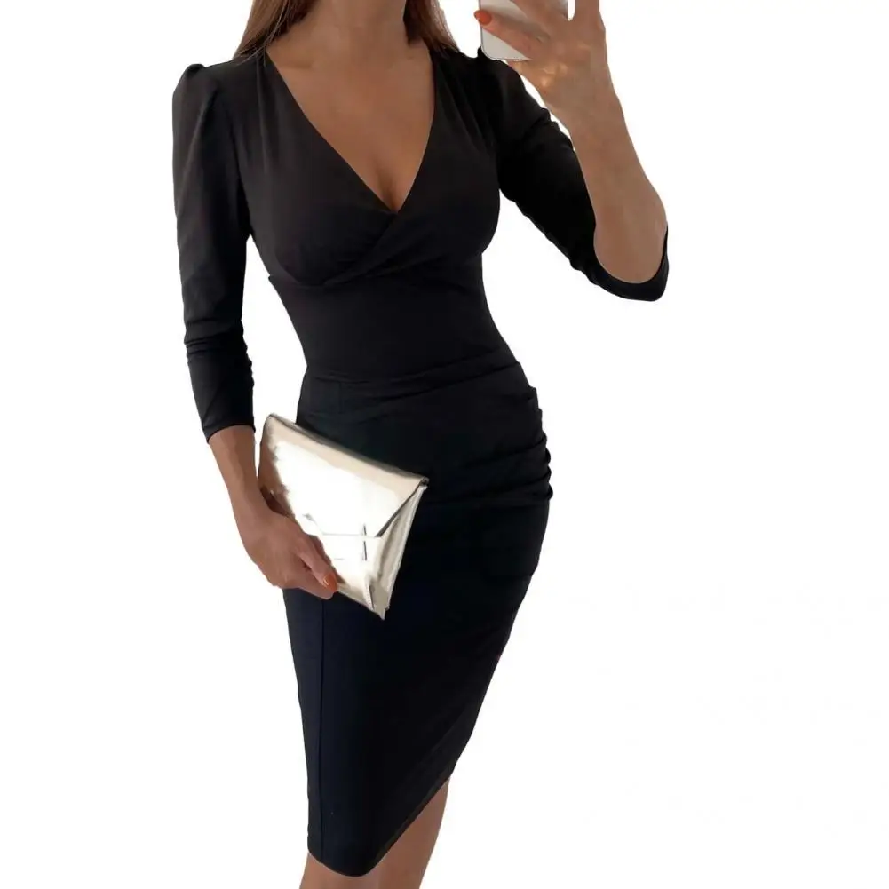 

Cozy Sheath Dress Elegant Regular Solid Dress V-neck Knee Length Women Dress