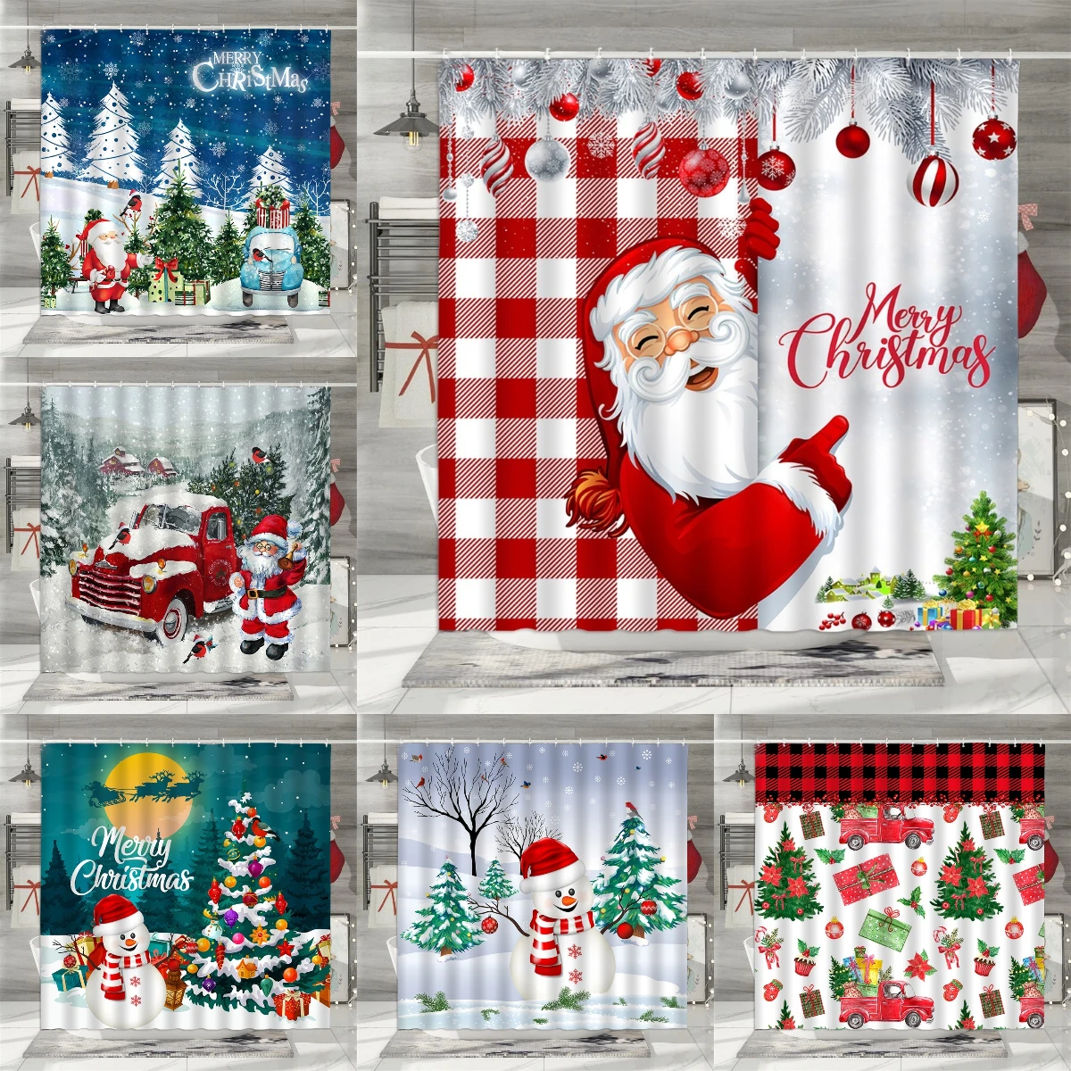 

Рождественская занавеска для душа, зимний снеговик, Санта-Клаус, Рождественская елка, снежный пейзаж, мультяшный Рождественский шар, лось, украшение для ванной комнаты