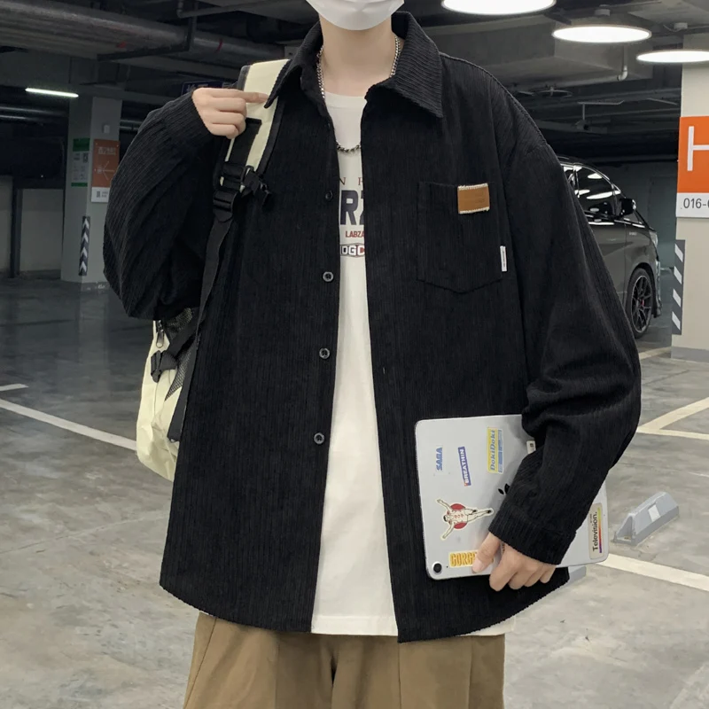 Korean Kpop Corduroy Coat Shirt Jacket For Men Grunge Clothes Punk Oversized Japanese Streetwear Unisex  Winter Casual Clothing