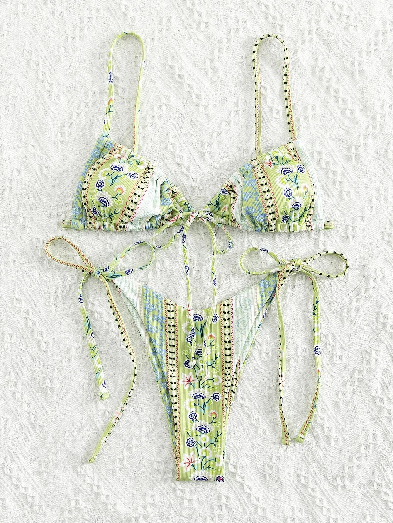 

Ditsy Floral Rib Tie Side Bikini 2022 Swimsuit Women Summer Two Piece Swimwear Triangle Bikini Set Beach Bathing Suit