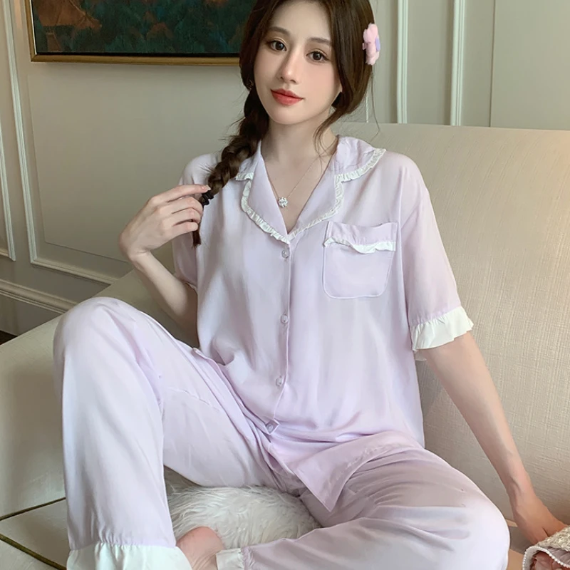 Pajamas female summer student princess style thin short-sleeved trousers home suit solid color loungewear with turn-over collar