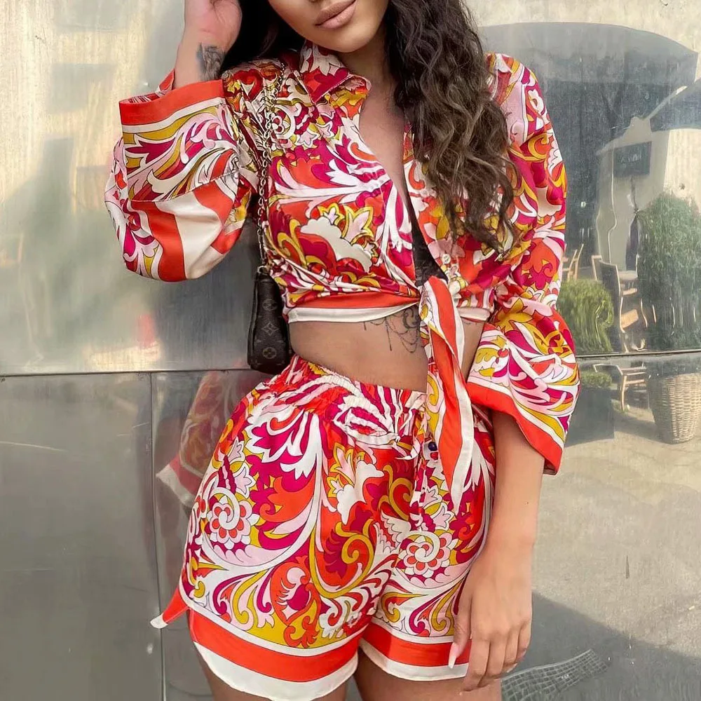 

Tops High Waist Pants Women Shorts Sets Y2k Morocco Print Tie Super Suit Casual Loose Long Sleeve Elastic Waist E-girl Sets