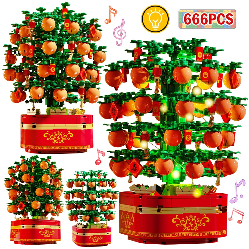 

City Rotating Music Box Orange Kumquat Tree with Light Building Blocks Potte Plants Bricks Festive Toys For Family New Year Gift