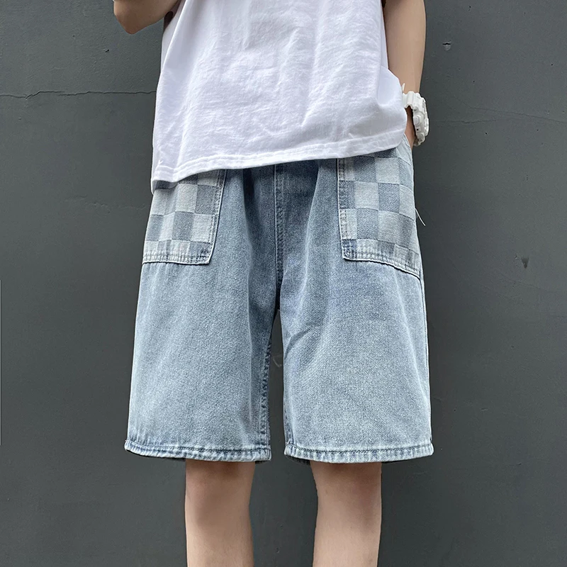 Plaid Patchwork Jean Shorts Mens Summer Casual Straight Leg Denim Pants Teenage Korean Fashion Trends Baggy Streetwear Bottoms