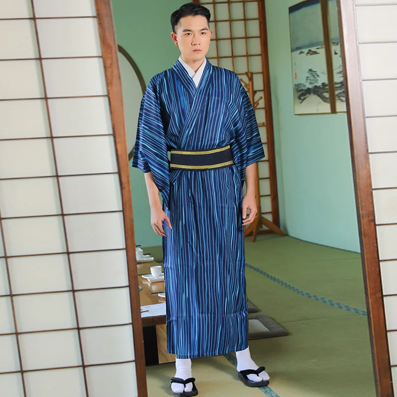 

Vintage Japanese Style Traditional Kimono For Men Adults Male Yukata Samurai Costume Hekoobi Striped Performance Show