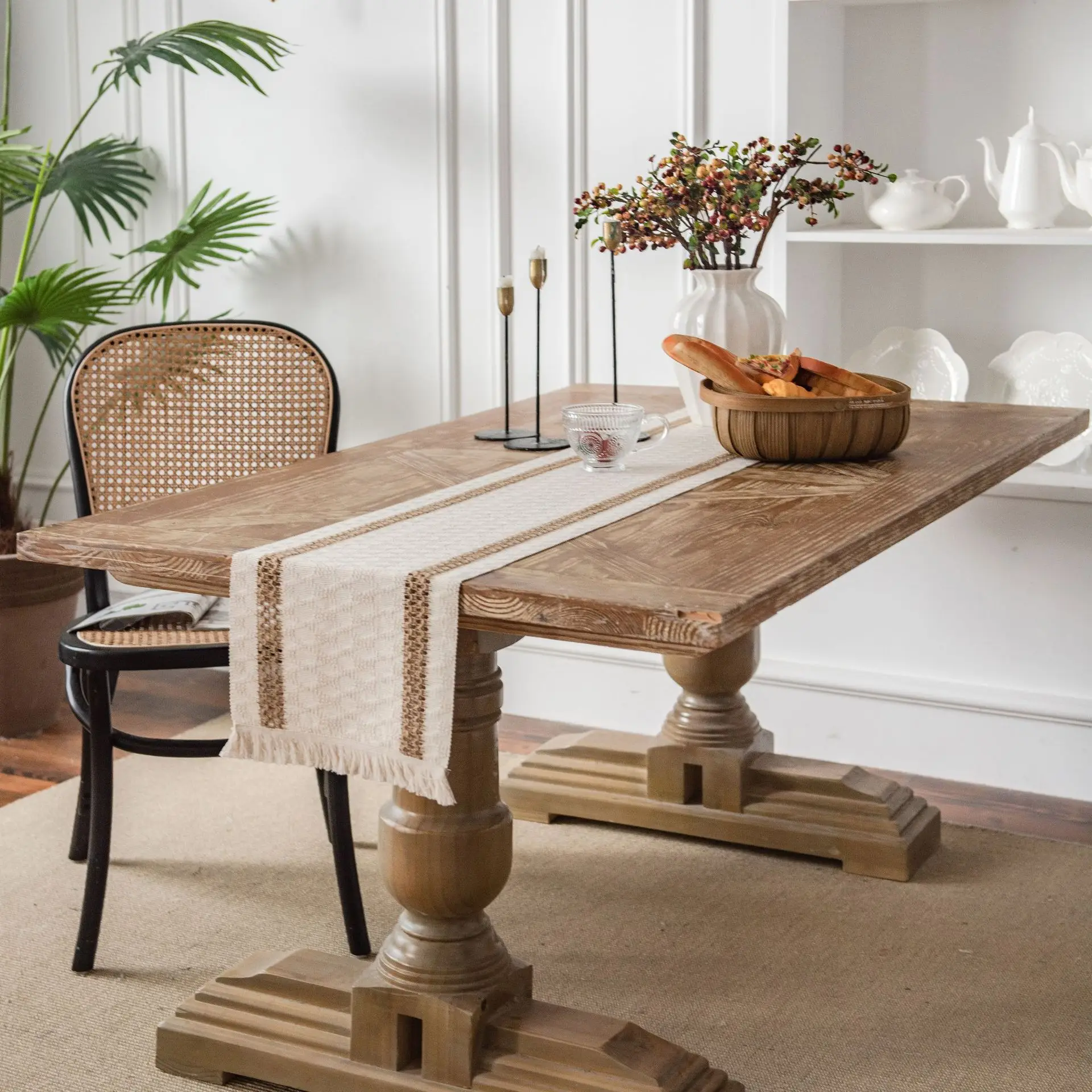 

Felt Table Runner Natural Cotton Burlap Splicing Bohemian Style Tables Runner With Tassels Dining Wedding Home Decor