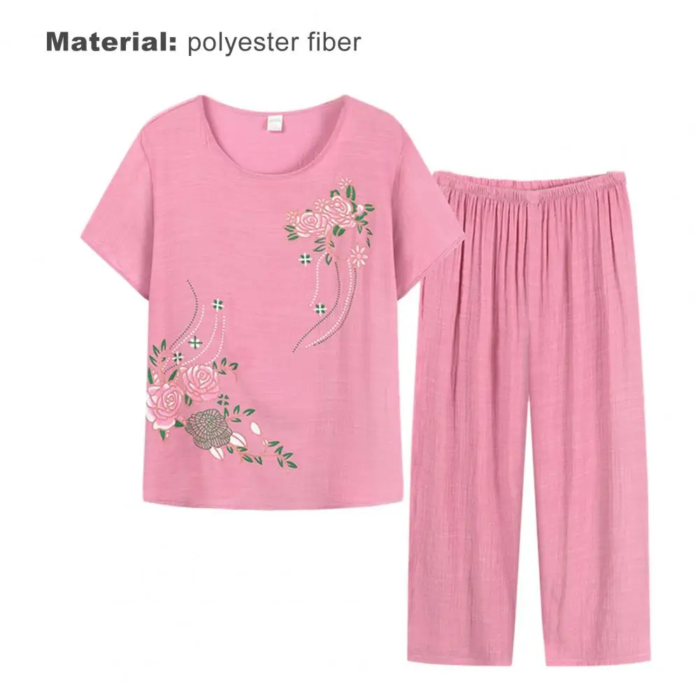 

Women Homewear Set Thin Pajamas Floral Print T-shirt Pants Outfit