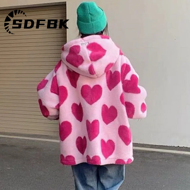 

Y2K Harajuku Heart Jackets Women Winter Fleece Hooded Hoodies Zip Up Sweatshirt Couple Streetwear Thick Warm Female Jacket