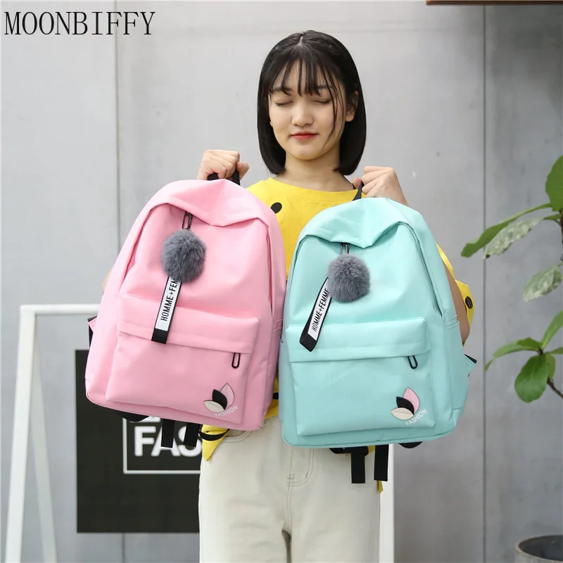

Korean Nylon Casual Women Backpack Canvas Book Bags Preppy Style School Back Bags for Teenage Girls Fur Ball Toy Bag mochilas