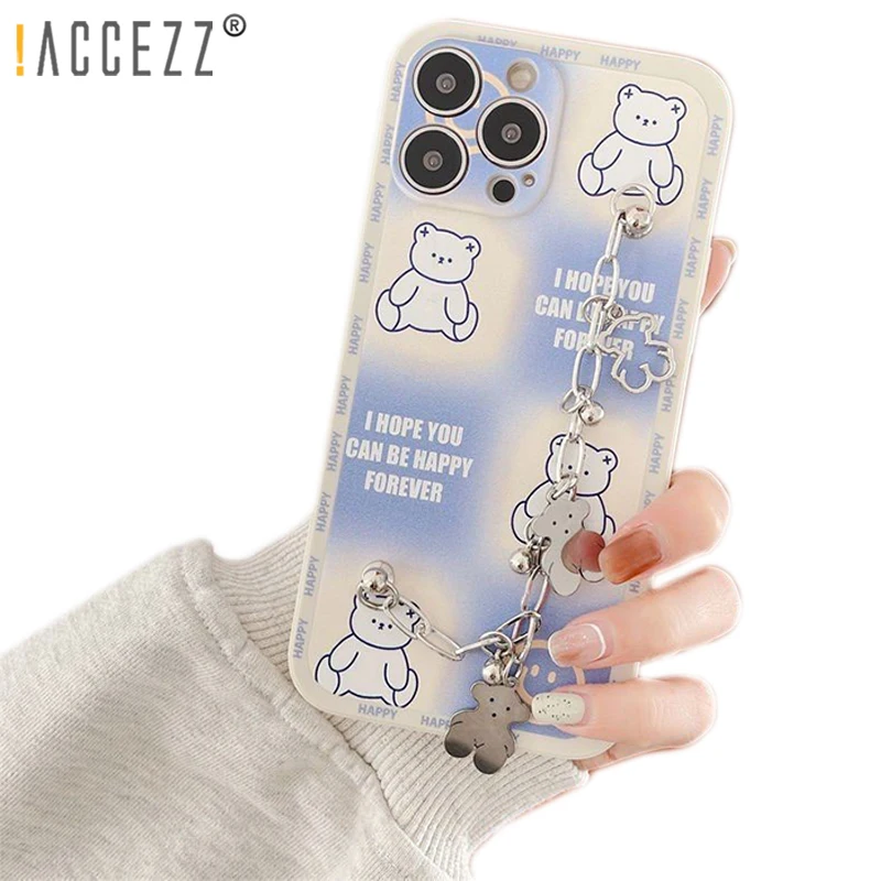 

!ACCEZZ Casing for iPhone 13 12 11 pro max X XS XR 7/8 Plus 6 6s 3D White Bear with Chain Phone Case Cellphone Cover