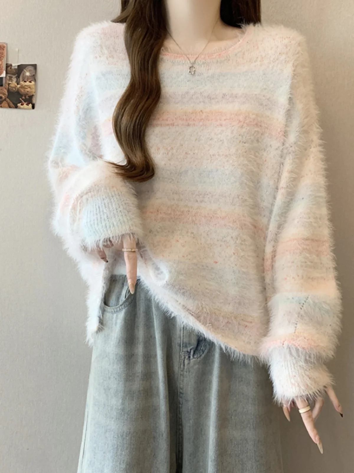 Color Stripe Short Front and Long Back Dalang Sweater Outerwear Women Autumn Winter Outer Wear Chaoshan Knit Top Plus siz...