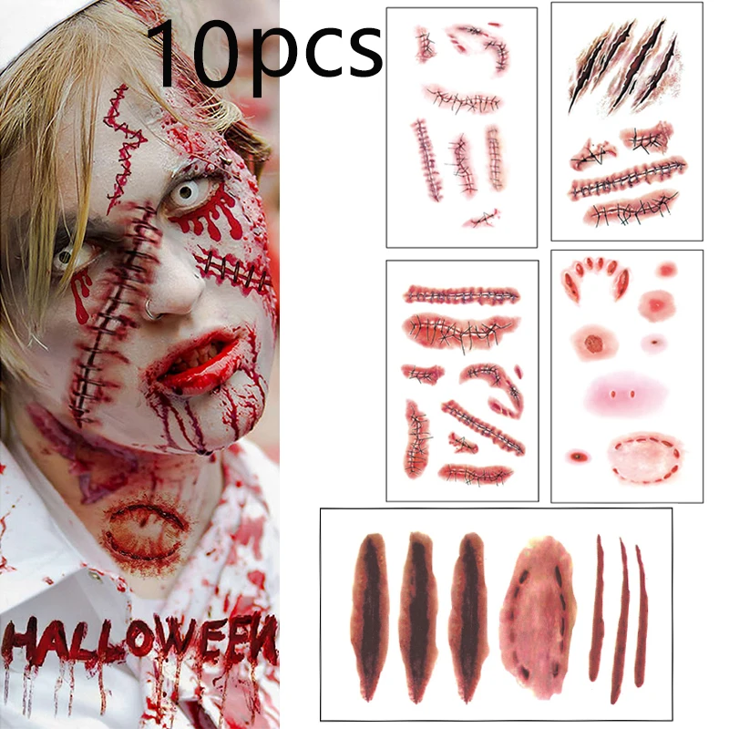 

5/10pcs Halloween Tattoo Sticker Horror Bloody Wound Scar Waterproof Temporary Tattoos DIY Party Body Art Makeup Kids Adult