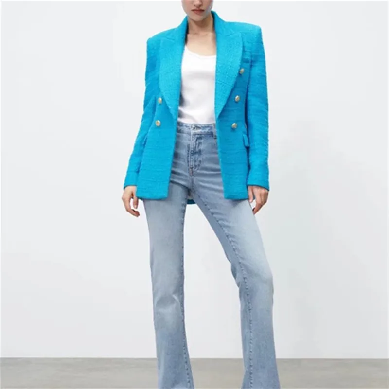 

PB&ZA Spring New Women's Solid Color Versatile Lapel Long Sleeve Gold Double Breasted Textured Slim Fit Blazer