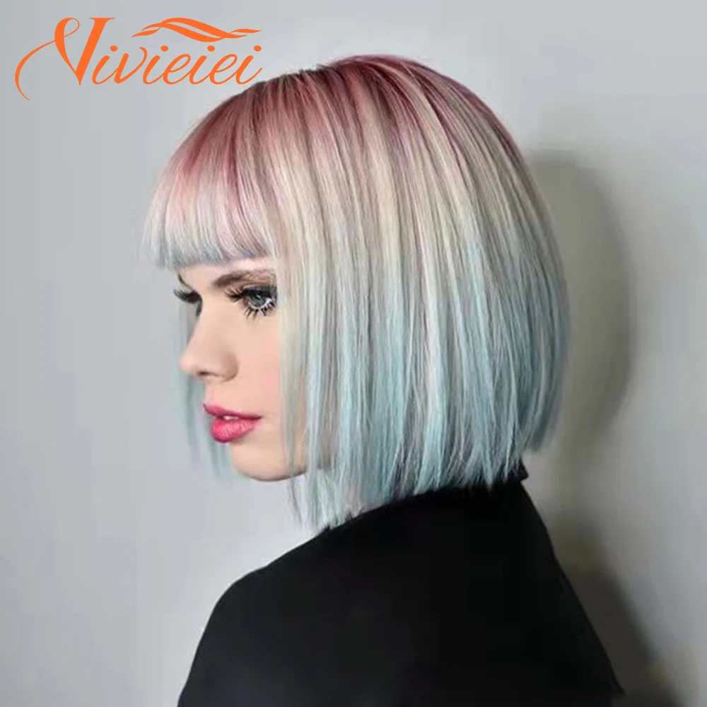 

VIVIEIEI Bob Straight Hair Wigs Rainbow Gradient Color Headgear High Temperature Fiber Wigs New Short Hair Bob Hair With Bangs