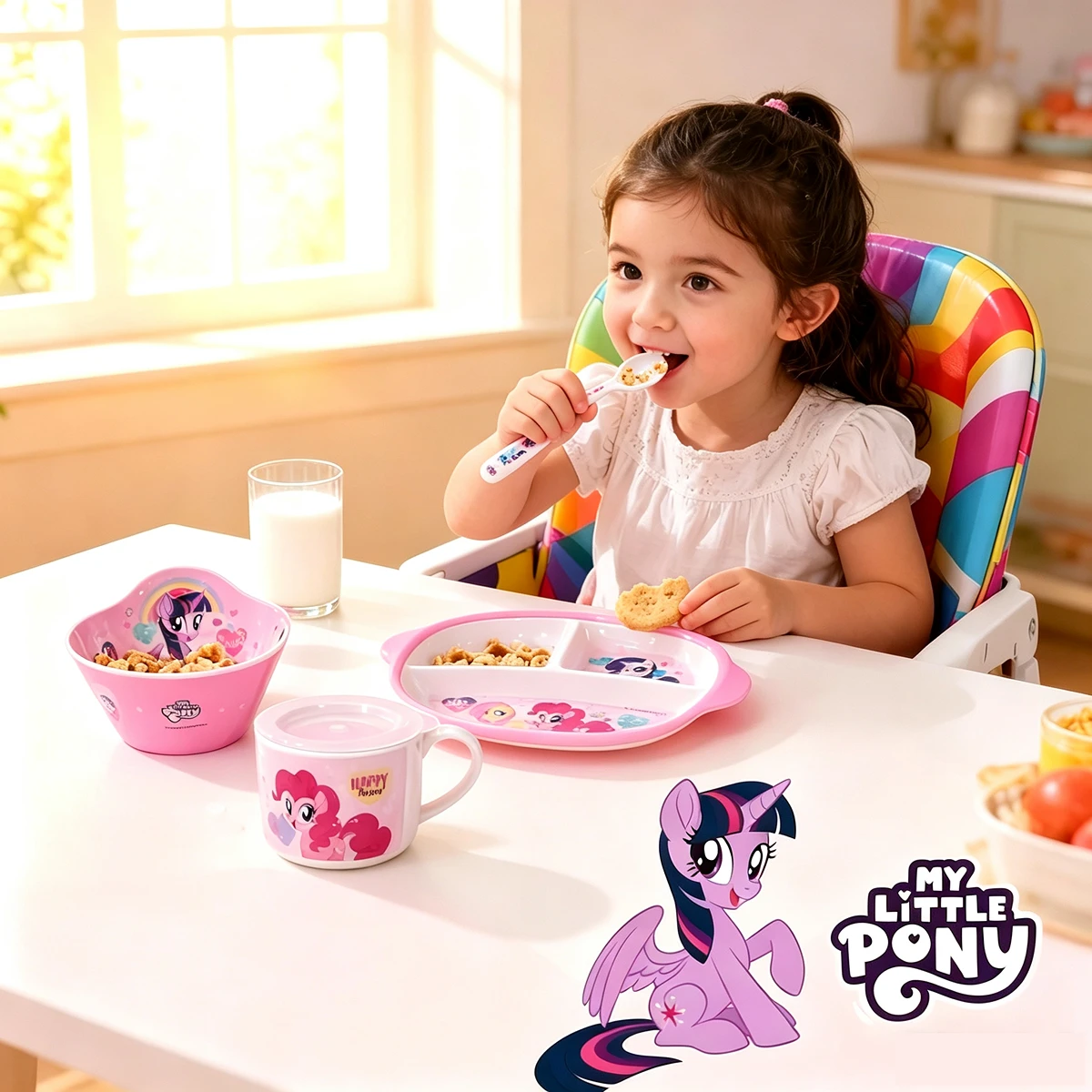 Фото Набор посуды My Little Pony для малышей, разделенная тарелка для кормления, небьющаяся тарелка с мультяшным рисунком, ложка, вилка, посуда для ужина, подарок для ребенка №2