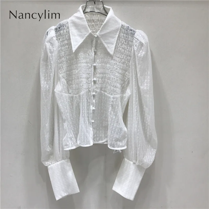 

Pleated Shirts Womens 2022 Slim-Fit Lace Top Spring New Lapel Bubble Long Sleeve Temperament Ladies White Blouse