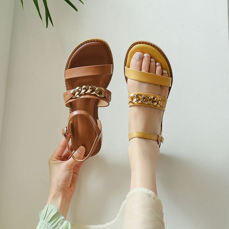 

2022 women Sandals natural leather 22-25cm cowhide upper full leather metal chain one-line strap shoes for women sandals