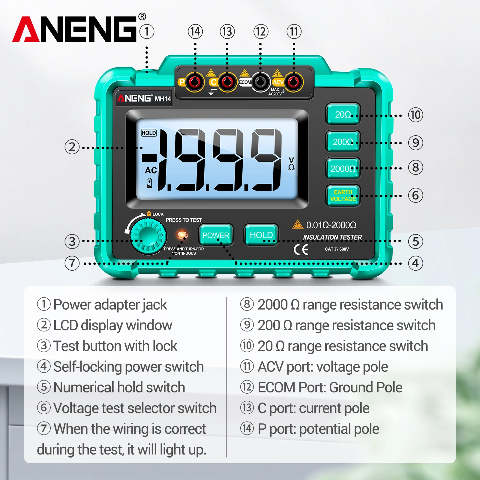 

ANENG MH14 Electrical Megger Insulation Resistance Tester Digital High-precision Resistance Grounding Voltage Measuring Meter