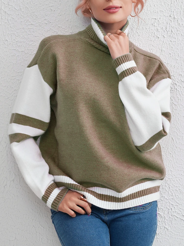 

Women's Clothing Loose Streetwear Women Pulovers 2023 New in Autumn Winter Color Block Long Sleeved Turtleneck Knit Sweaters