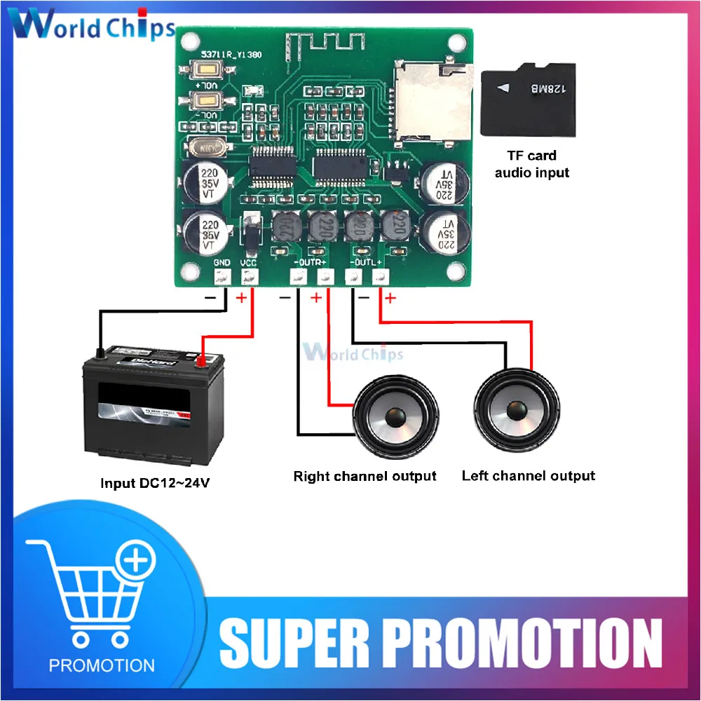 

XH-A233 Dual Channel 2*15W Bluetooth 4.2 Digital Power Amplifier Board DC 12V-24V Stereo TF Card Audio Amp Module