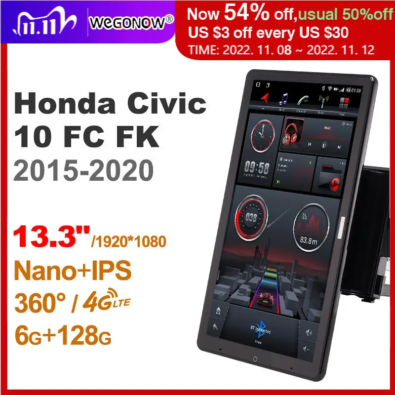 

1920*1080 Nano Ownice Android10.0 для Honda Civic 10 FC FK 2015-2020 автомобильное радио аудио 13,3 ''вращающийся 360 6G 128G Тесла стиль