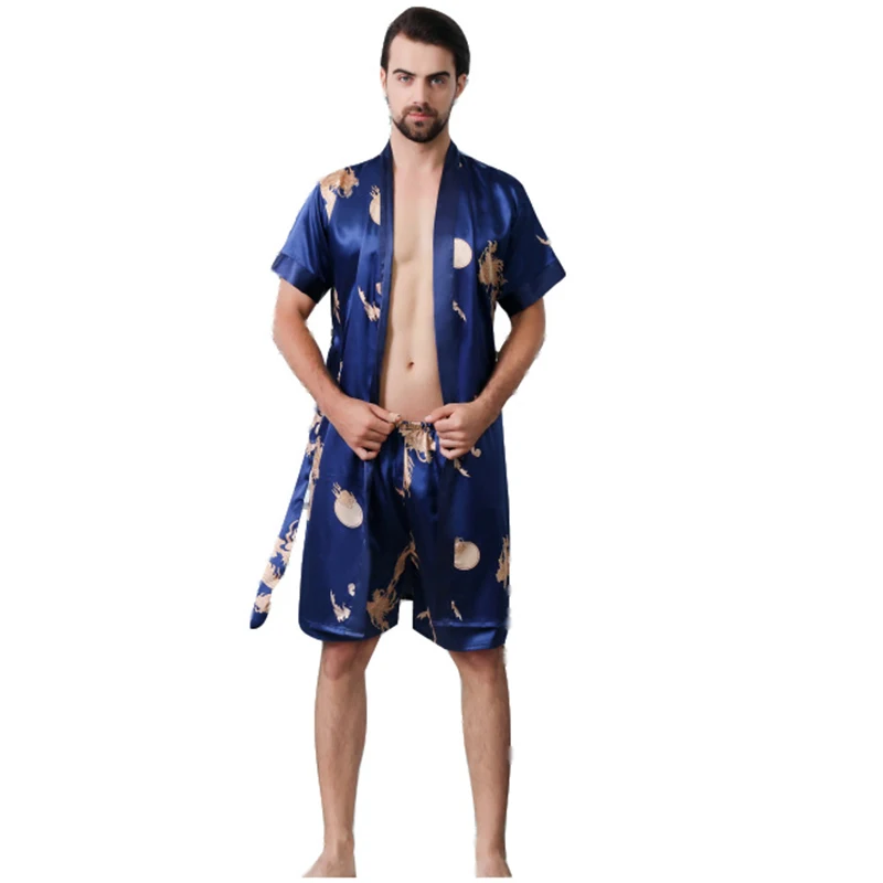 High-End Soft And Comfortable Men Nightgown Silk Pajamas 2 Piece Suit Shorts Men's Bathrobe