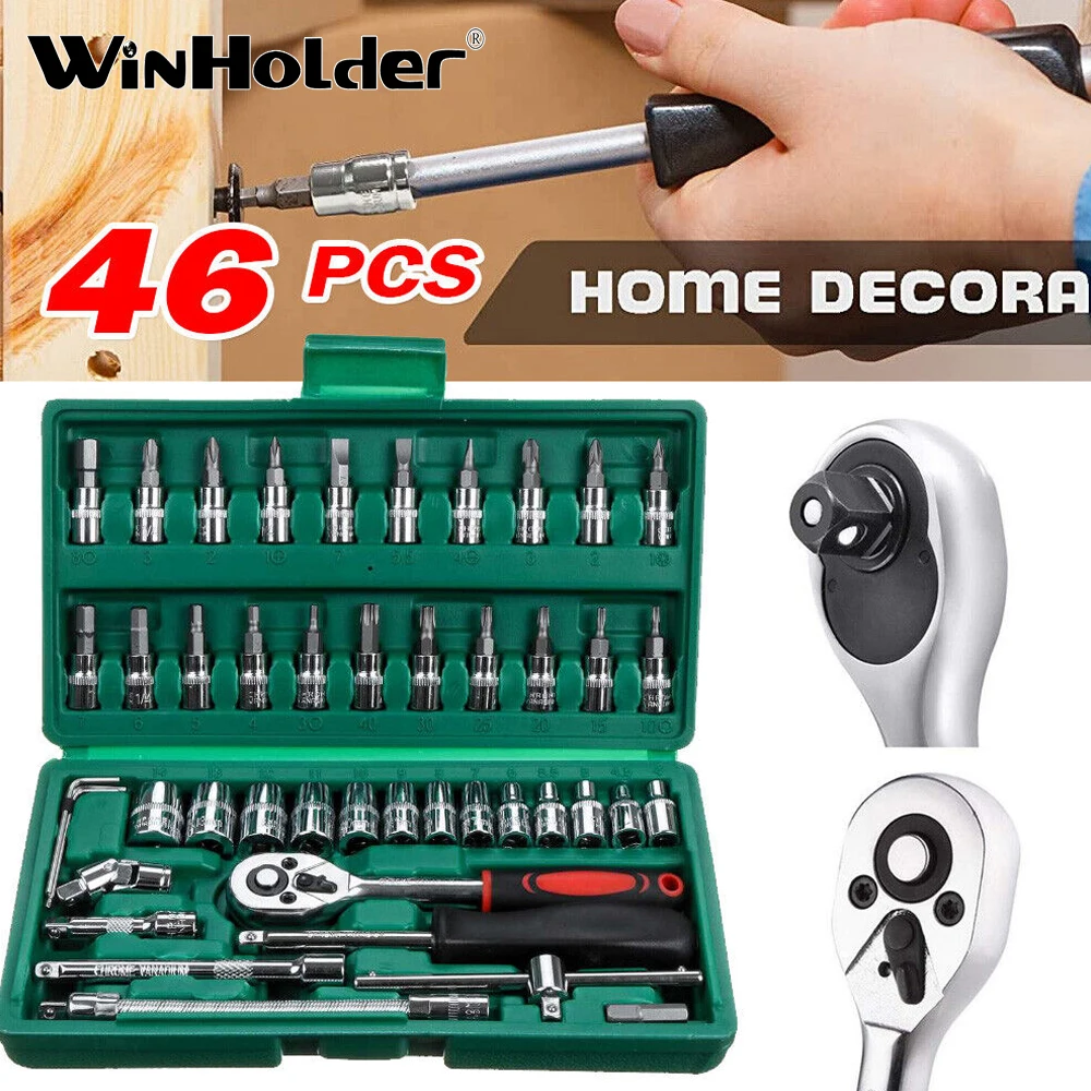 

WinHolder 46Pieces Metric Socket Wrench Set 1/4" Drive Ratchet Bit Set Wrench Torx Hex Screw Car Repair Tool Kit With Green Case