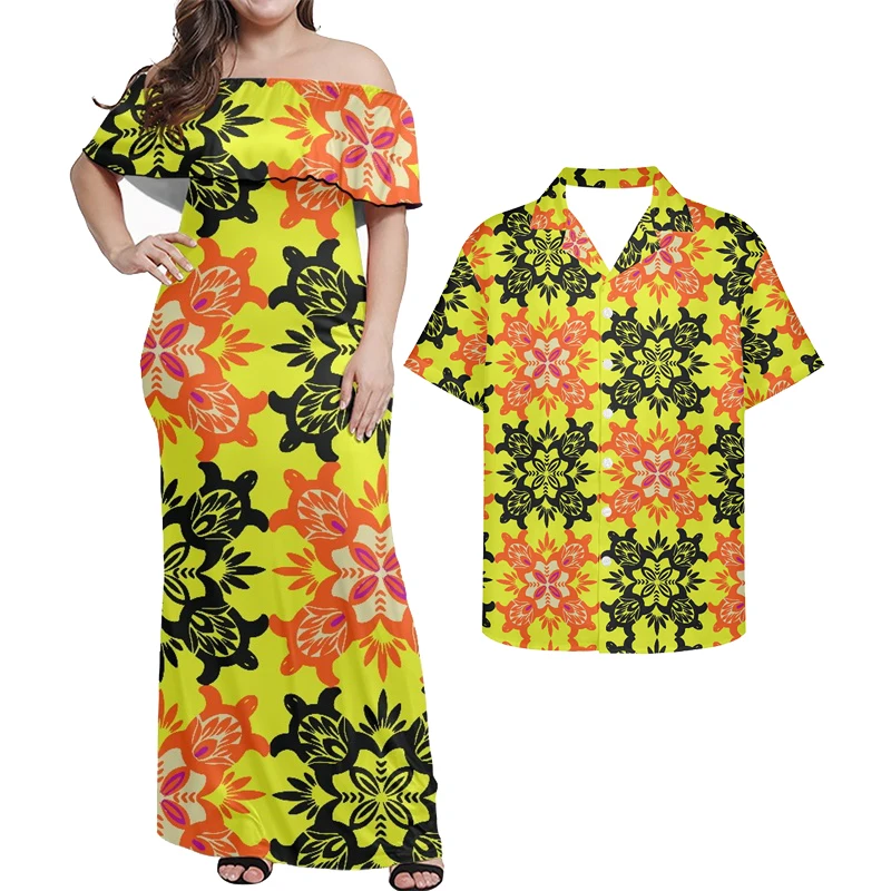 

Cumagical Wholesale Polynesian Couple Set Clothing Turtles Print Women's Dresses Matching Men's Shirts Couple Dress Set 2022