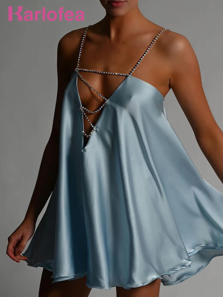 

Karlofea New Double Layered Silk Satin Women's Summer Dresses 2022 Chic Diamonds Strap Backless Vacation Party Outfits Sexy Wear