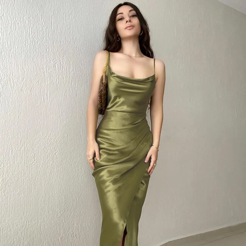 

Sexy Summer Satin Dress 2022Strapless Spaghetti Strap Long Backless Dresses Party Casual Basic Maxi Dress Women Green Robe Femme