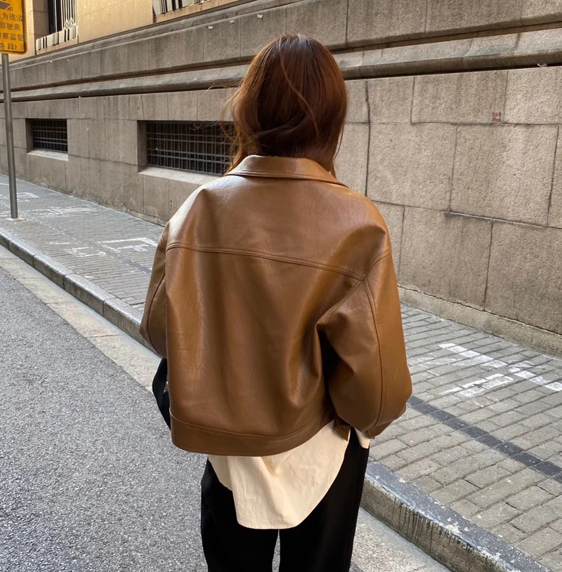 Autumn Short Brown Black Thick Oversized Faux Leather Jackets for Women Long Sleeve Buttons Runway Loose Korean Fashion 2021