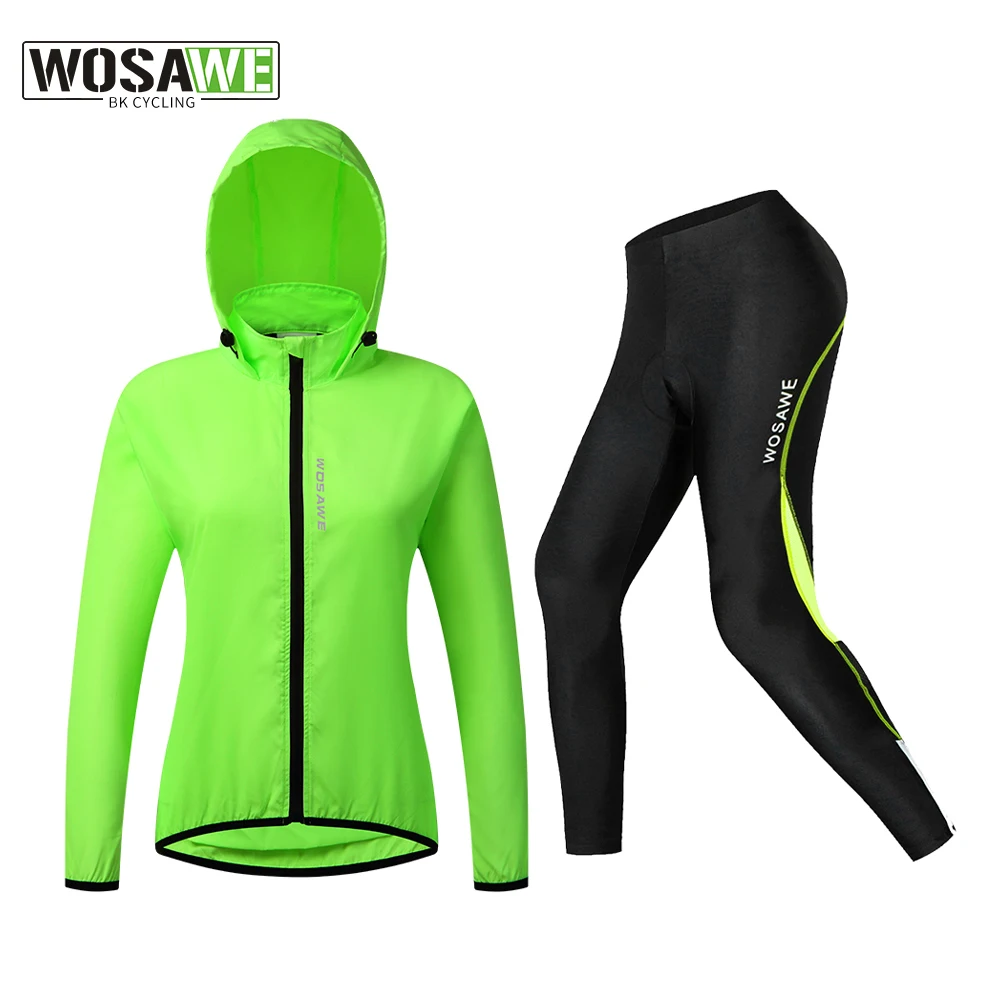 

Женская велосипедная куртка WOSAWE с капюшоном и брюками, ветрозащитный велосипедный комплект, куртка с длинным рукавом, быстросохнущие брюки, велосипедная одежда
