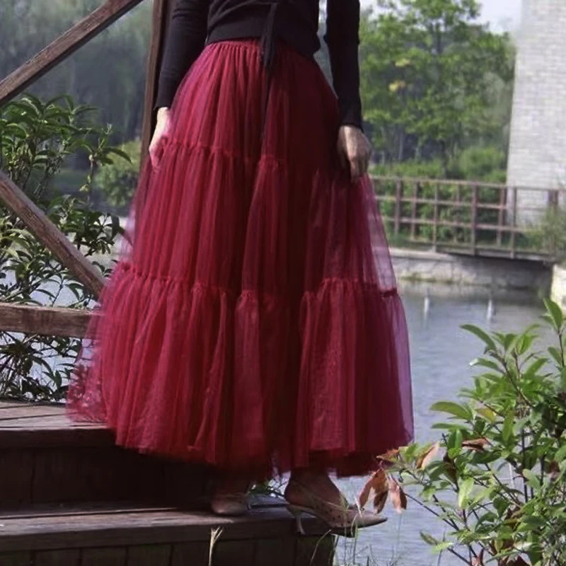 Осенняя Волшебная пышная Макси-юбка из газовой ткани Лоскутная многослойная