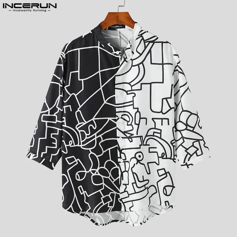 

INCERUN Tops 2023 Men Funny Contrast Color Graffiti Printing Shirts Casual Fashionable Male Hot Selling Half Sleeve Blouse S-5XL
