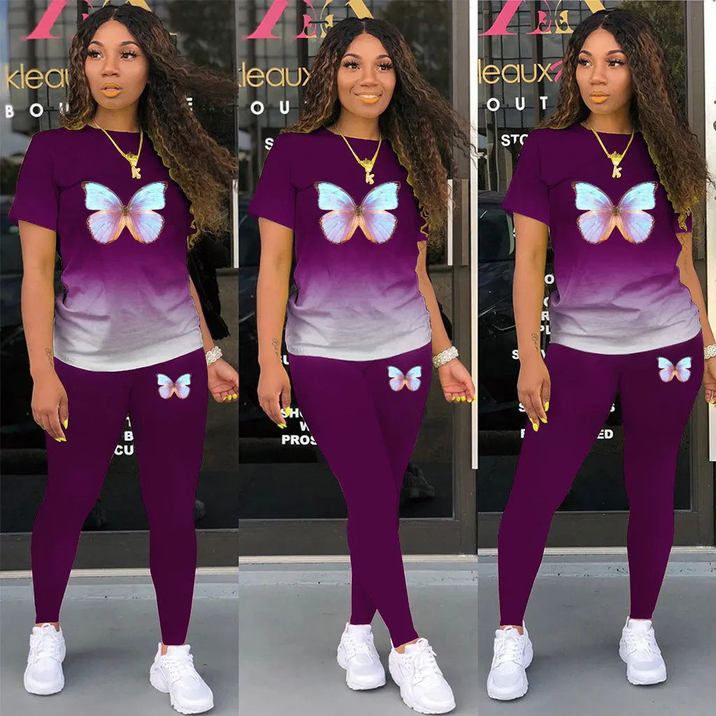 

Butterfly Printed 2 Piece Set Women Sport Tracksuits Short Sleeve T Shirts Pants Sportwear Harajuku Streetwear Outfits Suits