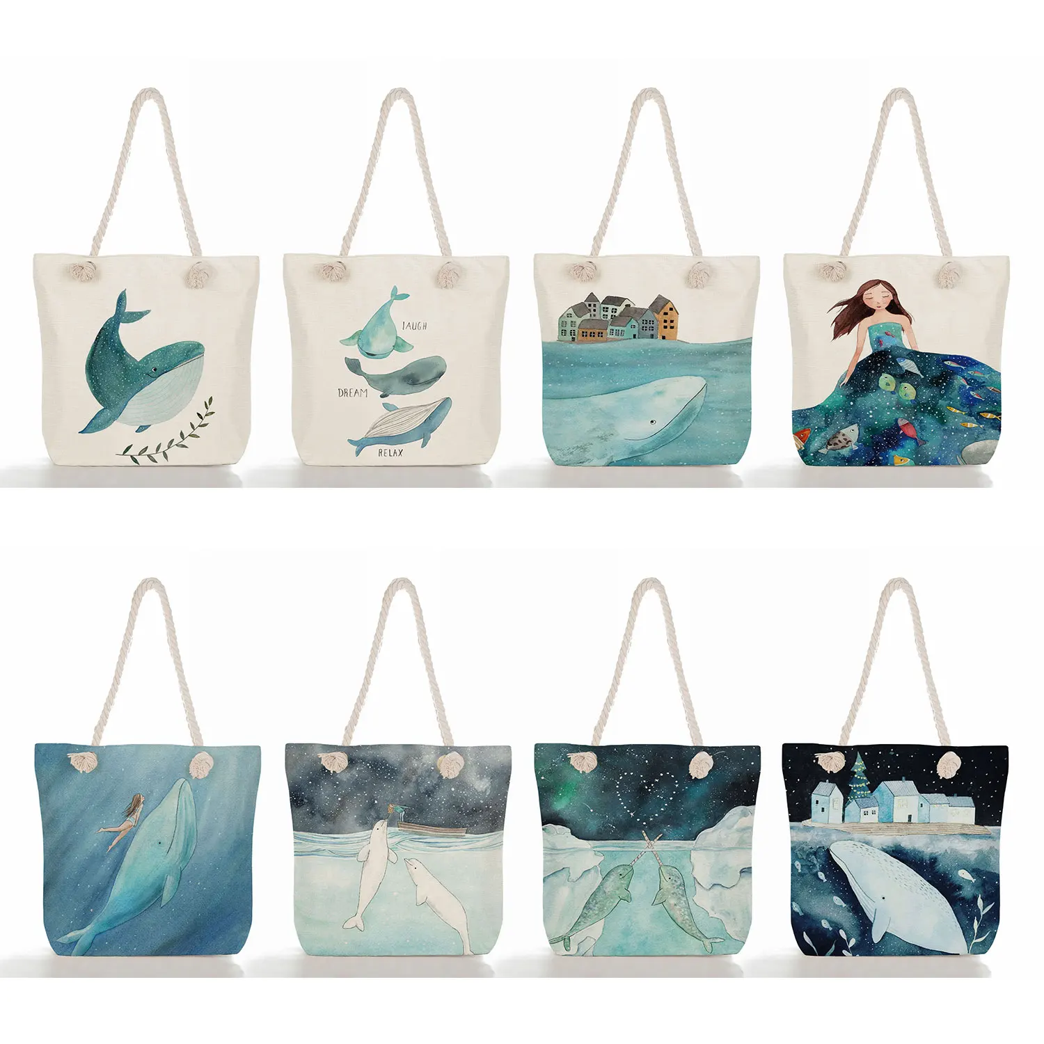 

Casual Portable Beach Bag Large Capacity Totes Women Handbags Fresh Painting Cute Whale Sea Series Shopper Bag Designer Big Size