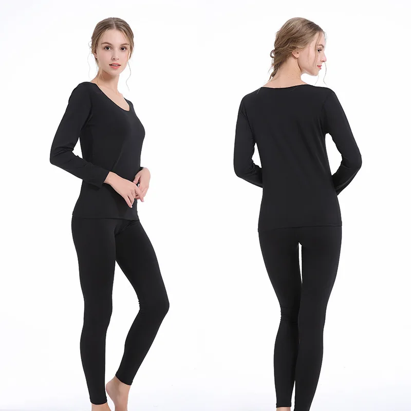 Ladies Homewear Set Body Fit Elastic Solid Color Bottoming Shirt Round Neck  Thin Velvet Thermal Underwear Body Sculpting