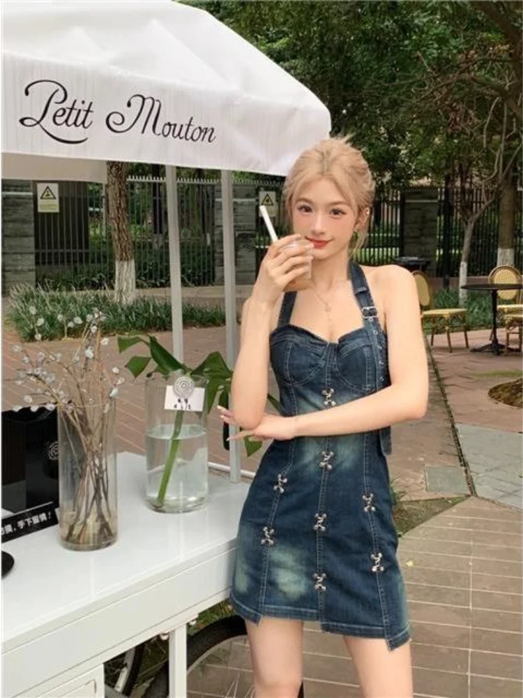 

HOUZHOU Denim Halter Neck Mini Dresses for Women 2023 Summer Sexy Vintage Hollow Out Backless Sleeveless A-line Skims Dress