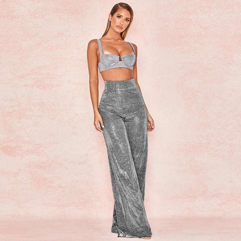 Silver shiny wide leg pants for women in spring and summer New loose high waist T platform catwalk pants for women