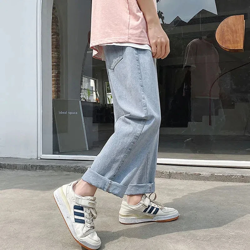 Korean Fashion Men Wide Leg Cropped Pants Jeans Autumn Streetwear Straight Baggy Denim Pants Male Trousers Baggy Jeans Boyfriend