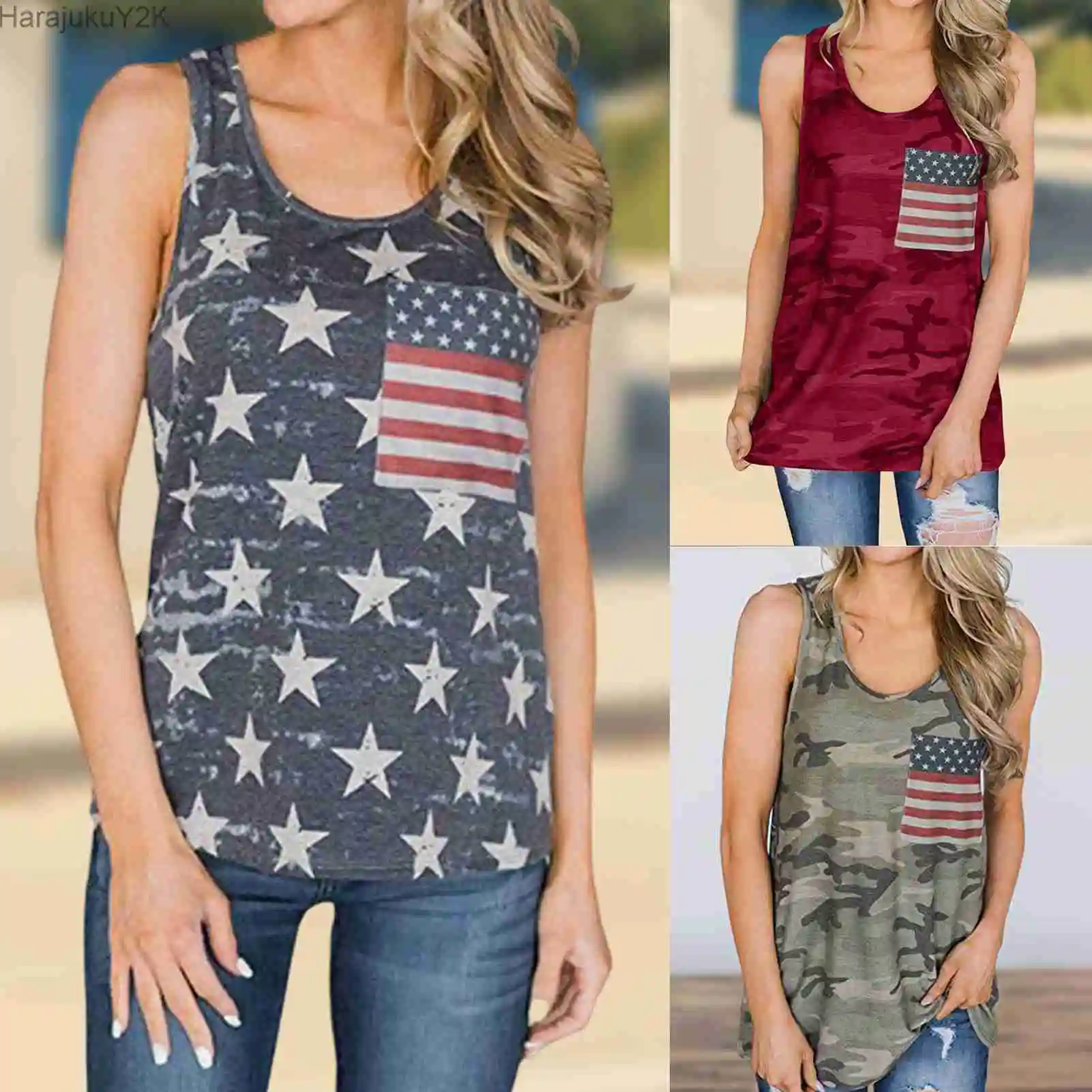 

Женские рубашки с принтом в виде американского флага, топы без рукавов с открытыми плечами и круглым вырезом, полосатые топы со звездами, свободная уличная футболка в форме буквы H