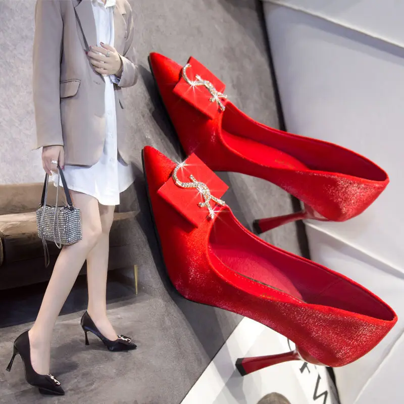 

Shoes for Women Satin High Heels Pointed Stiletto Red Wedding Shoes Single Shoes Ys Black Work Shoes 2023 New Zapatos De Mujer