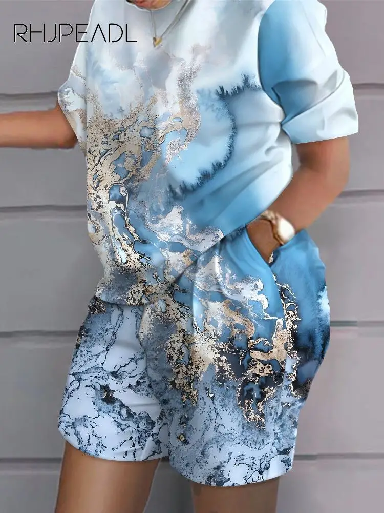 

Женский Повседневный свободный костюм, комплект из двух предметов, топ с коротким рукавом и шорты с принтом, праздничный костюм, домашняя одежда, лето 2023